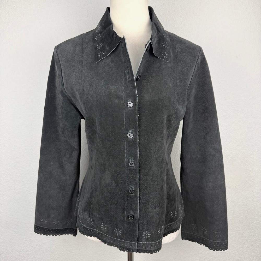 VTG Y2K Live a Little Black 100% Suede Leather Embroidered Scalloped Jacket Med